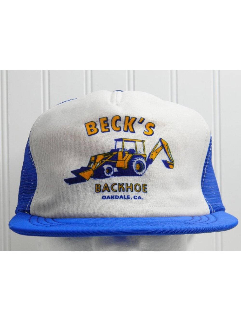 Vintage Becks Backhoe Trucker Hat Oakdale CA Snapback Mesh Cap Blue White